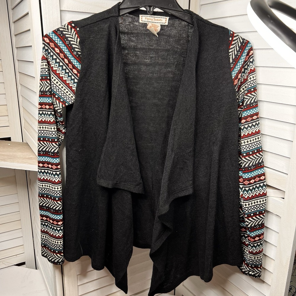 Flying Tomato Cardigan Women's‎ M Black Aztec Tribal Sleeve Open Waterfall Front